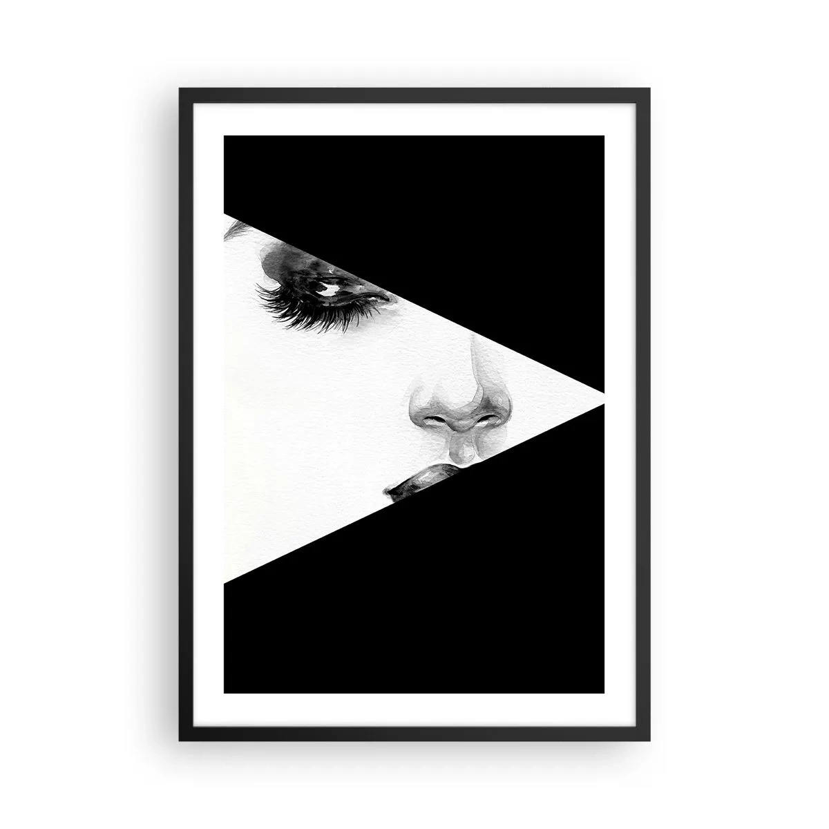 Poster in black frame - A minimalist portrait of a woman in black and white with a geometric division. - 50x70cm - Forever Uncovered  - Modern wall decoration for the living room and bedroom ARTTOR