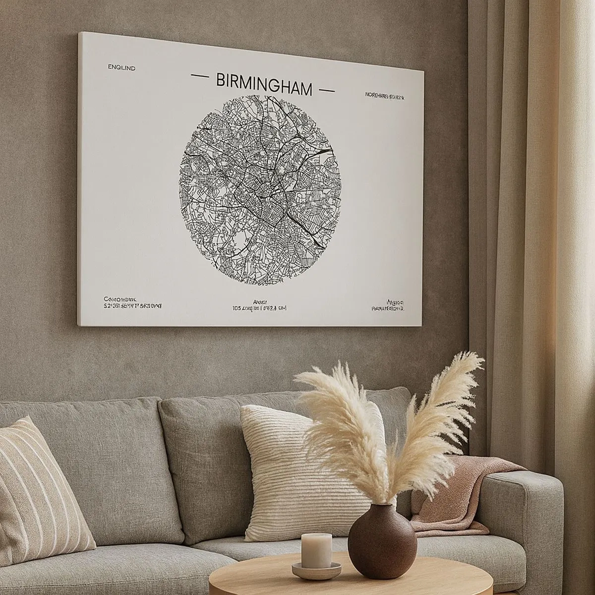 Canvas picture - A minimalist black and white map of Birmingham with precise details. - 70x50cm - Anatomy of Birmingham - Modern wall decoration for the living room and bedroom ARTTOR