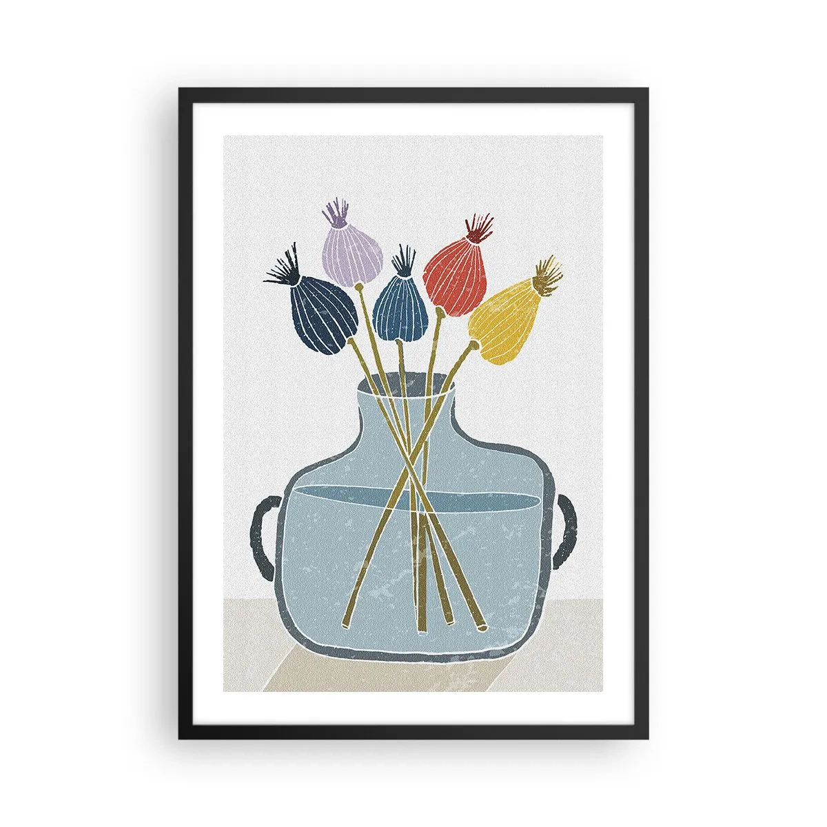 Poster in black frame - A minimalist composition of poppy heads in a glass vase - 50x70cm - As Quiet as Poppies - Modern wall decoration for the living room and bedroom ARTTOR