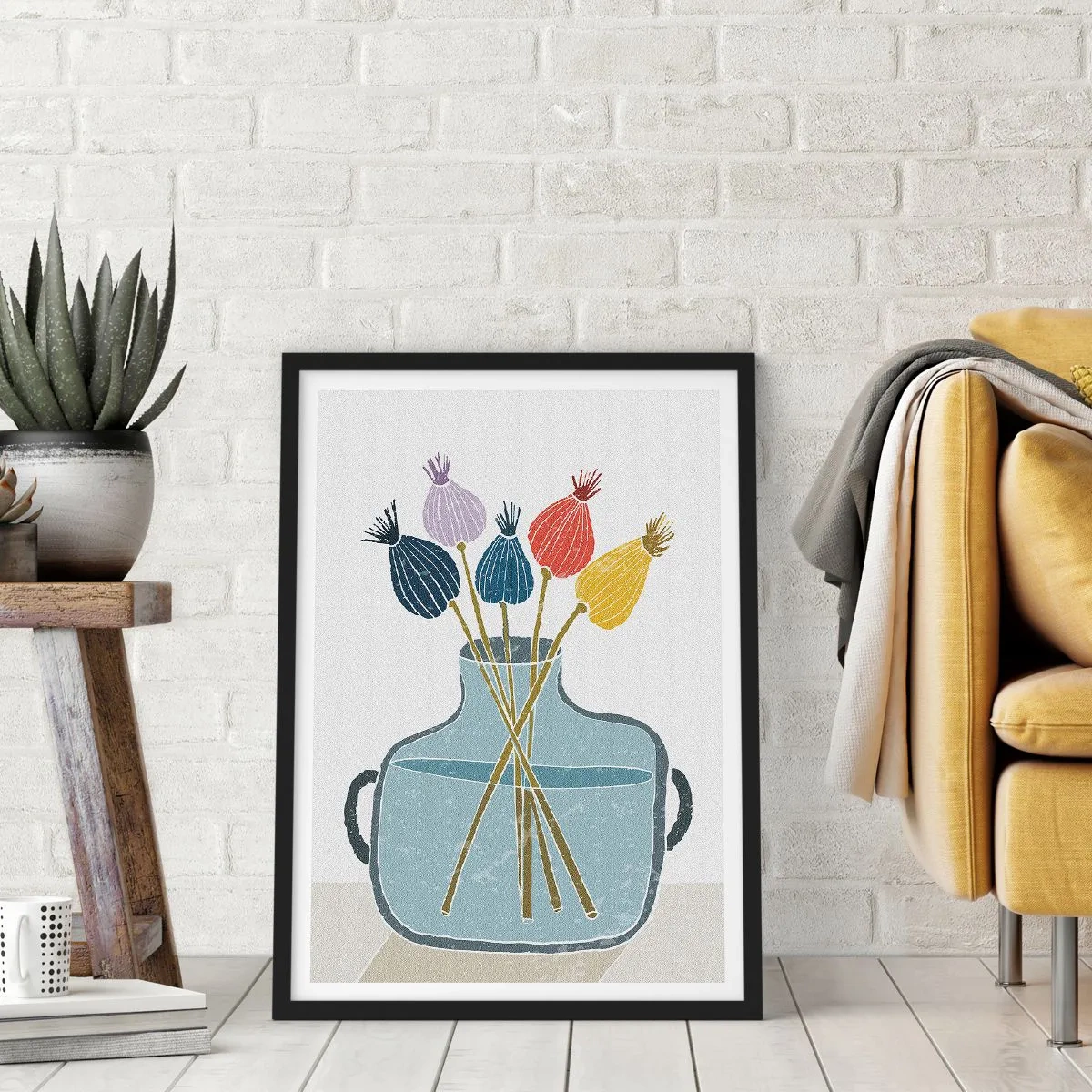 Poster in black frame - A minimalist composition of poppy heads in a glass vase - 50x70cm - As Quiet as Poppies - Modern wall decoration for the living room and bedroom ARTTOR