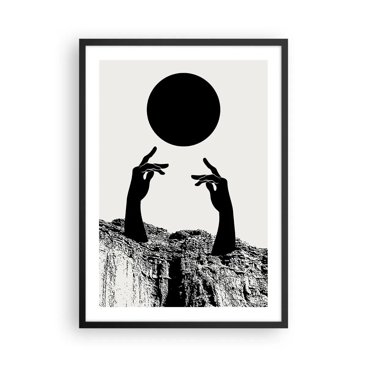 Poster in black frame - Symbolic hands reaching for a black ball against a background of rocks - 50x70cm - Surrealistic Composition: Sun and the Rest - Modern wall decoration for the living room and bedroom ARTTOR