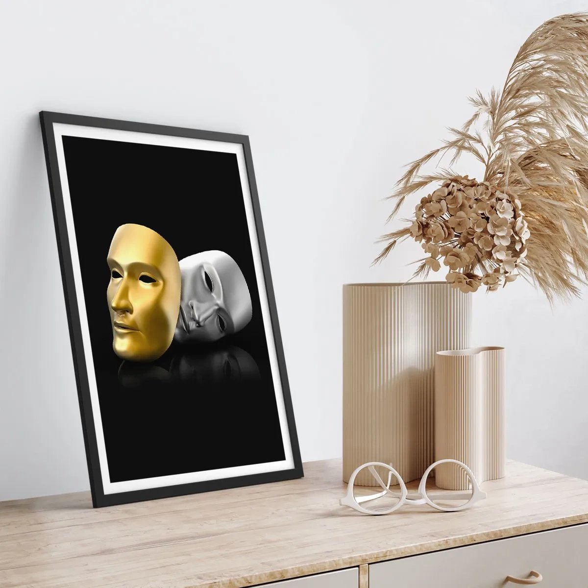 Poster in black frame - Gold and silver mask on a black background - 50x70cm - Life Is a Theatre - Modern wall decoration for the living room and bedroom ARTTOR