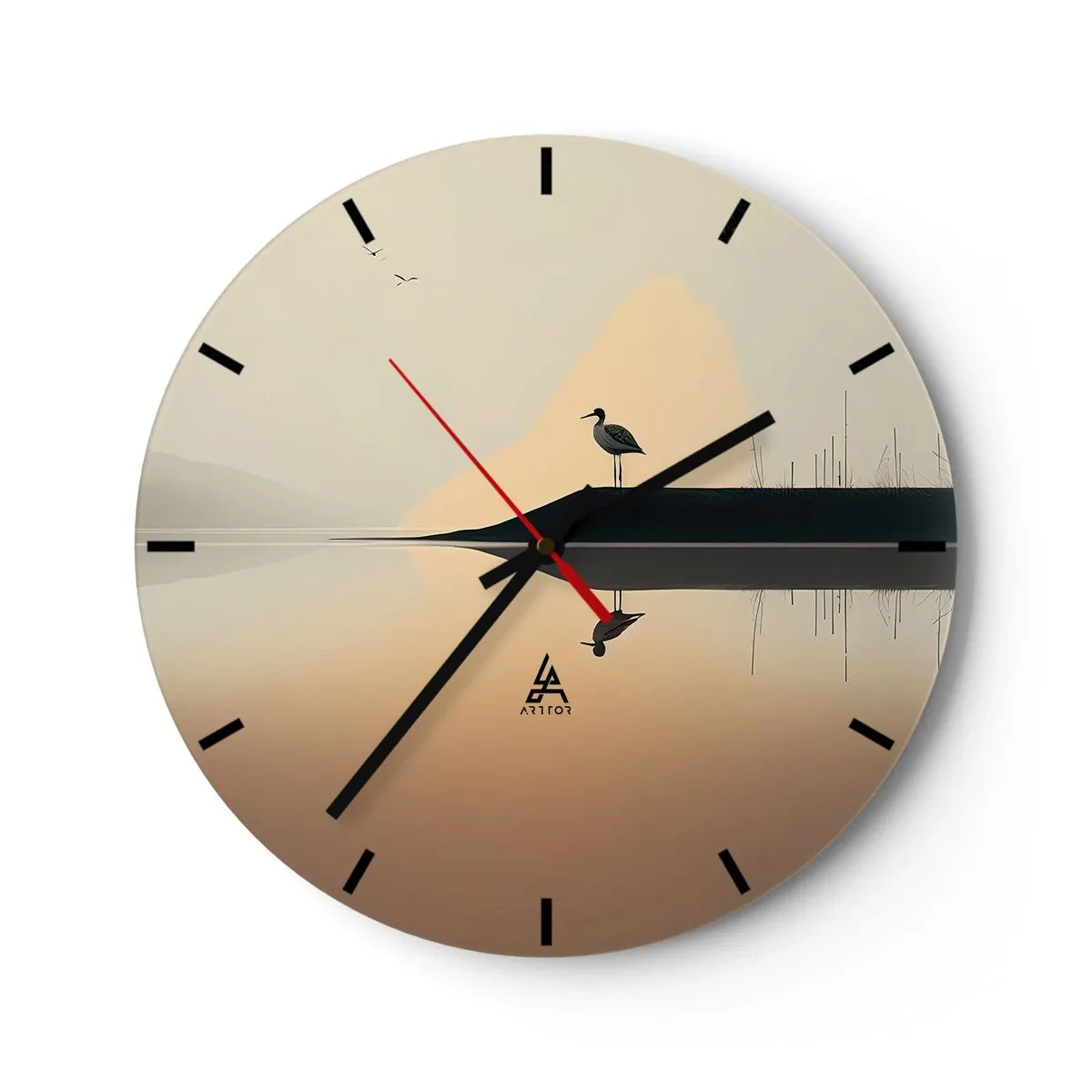 Wall clock - Clock on glass - Silhouette of a bird on a rock above a calm lake at dawn - 30x30cm - Gentleman on the Lake - Modern wall decoration for the living room, kitchen, and bedroom ARTTOR