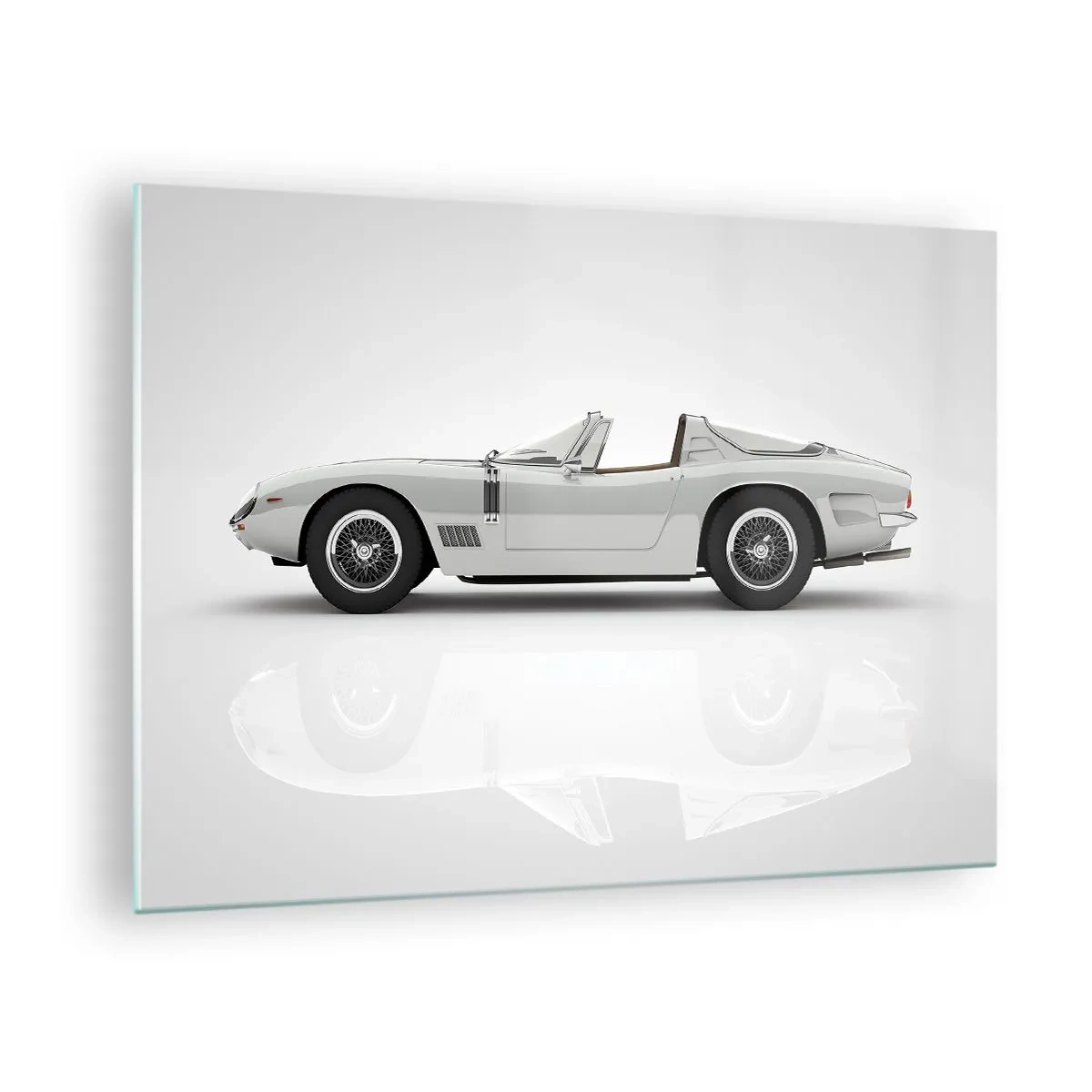 Glass picture - A classic white convertible against a minimalistic background with reflections. - 70x50cm - Promise of Fun - Modern wall decoration for the living room and bedroom ARTTOR