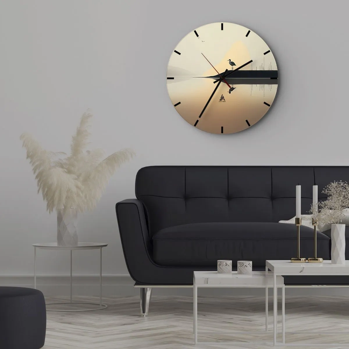 Wall clock - Clock on glass - Silhouette of a bird on a rock above a calm lake at dawn - 30x30cm - Gentleman on the Lake - Modern wall decoration for the living room, kitchen, and bedroom ARTTOR