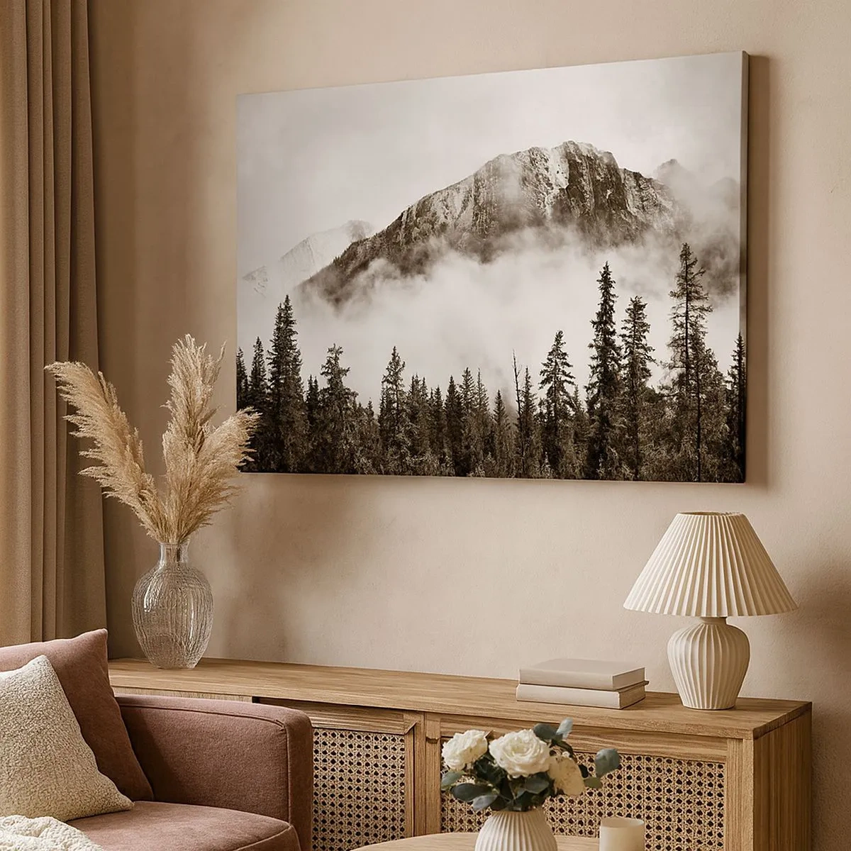 Canvas picture - A picturesque mountain peak surrounded by fog and a sepia-toned forest - 70x50cm - Granite Ruler - Modern wall decoration for the living room and bedroom ARTTOR