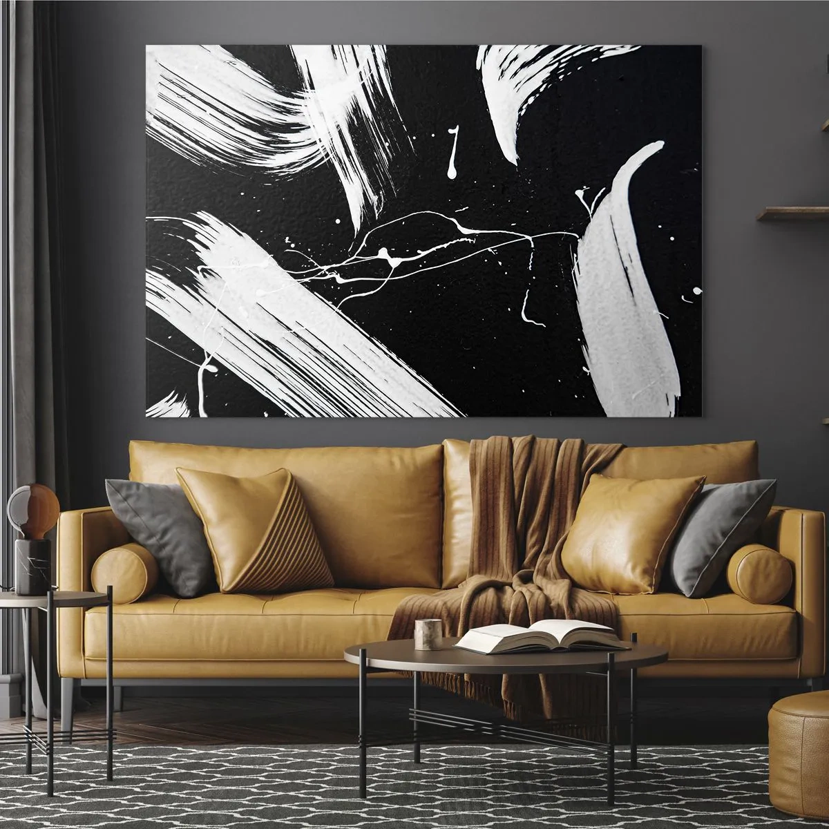 Glass picture - White brush strokes on a black background - 70x50cm - Breaking the Darkness - Modern wall decoration for the living room and bedroom ARTTOR