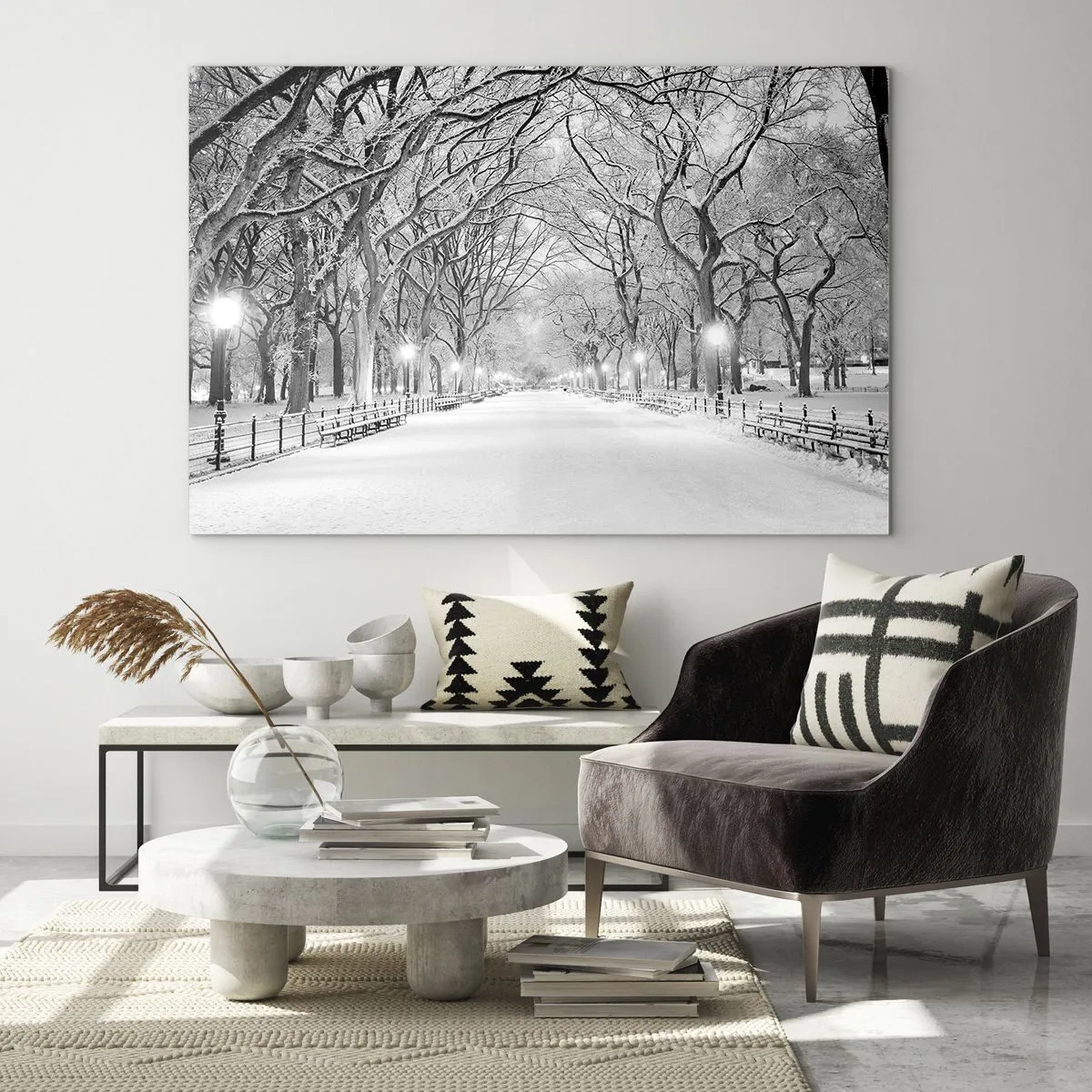 Glass picture - Winter tree alley in the park with lights and snow - 70x50cm - Four Seasons: Winter - Modern wall decoration for the living room and bedroom ARTTOR