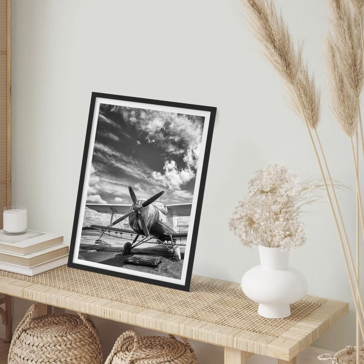 Poster in black frame - Black and white photo of a retro airplane against the sky - 50x70cm - I Can't Wait! - Modern wall decoration for the living room and bedroom ARTTOR