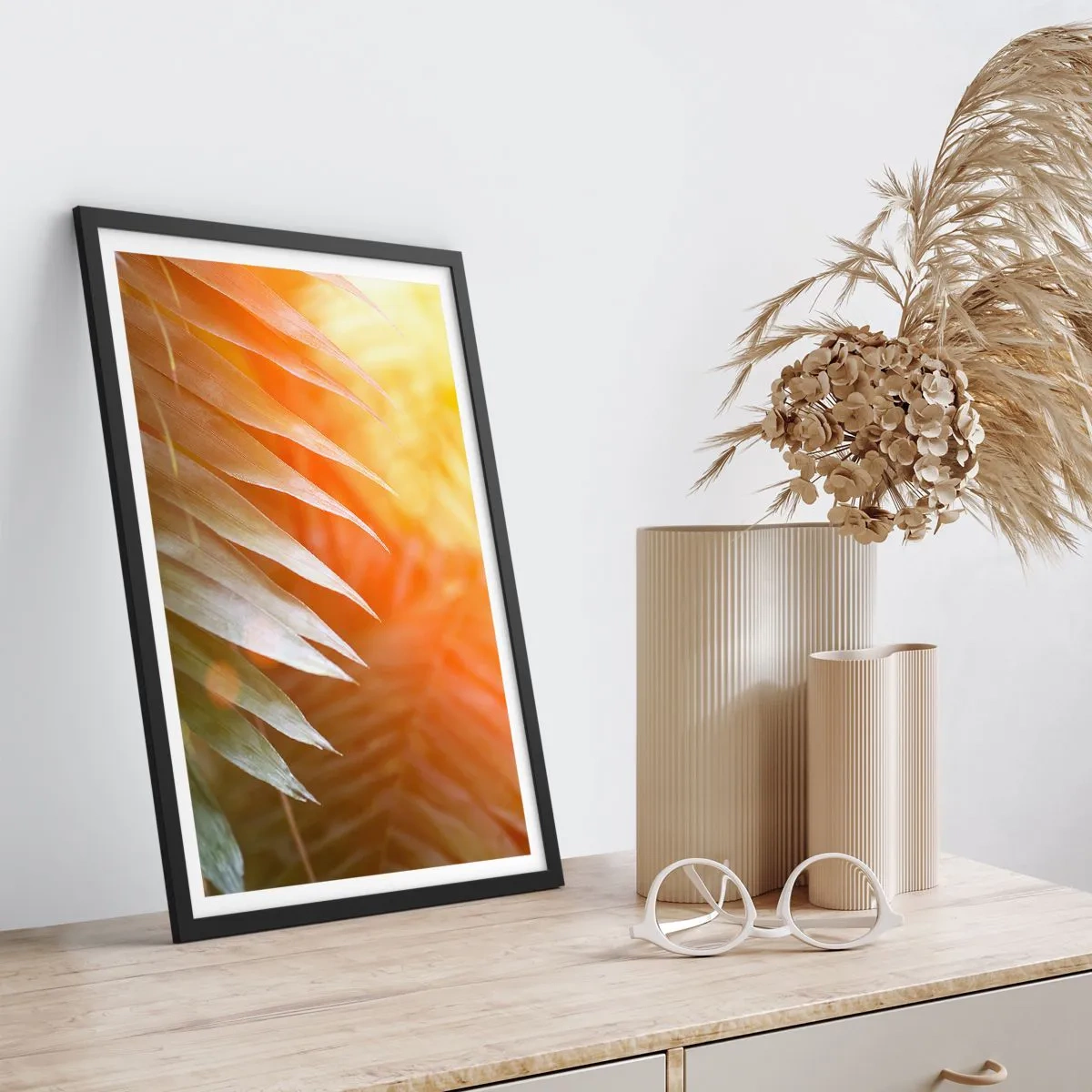 Poster in black frame - Palm leaves in the light of the setting sun - 50x70cm - Morning in the Jungle - Modern wall decoration for the living room and bedroom ARTTOR