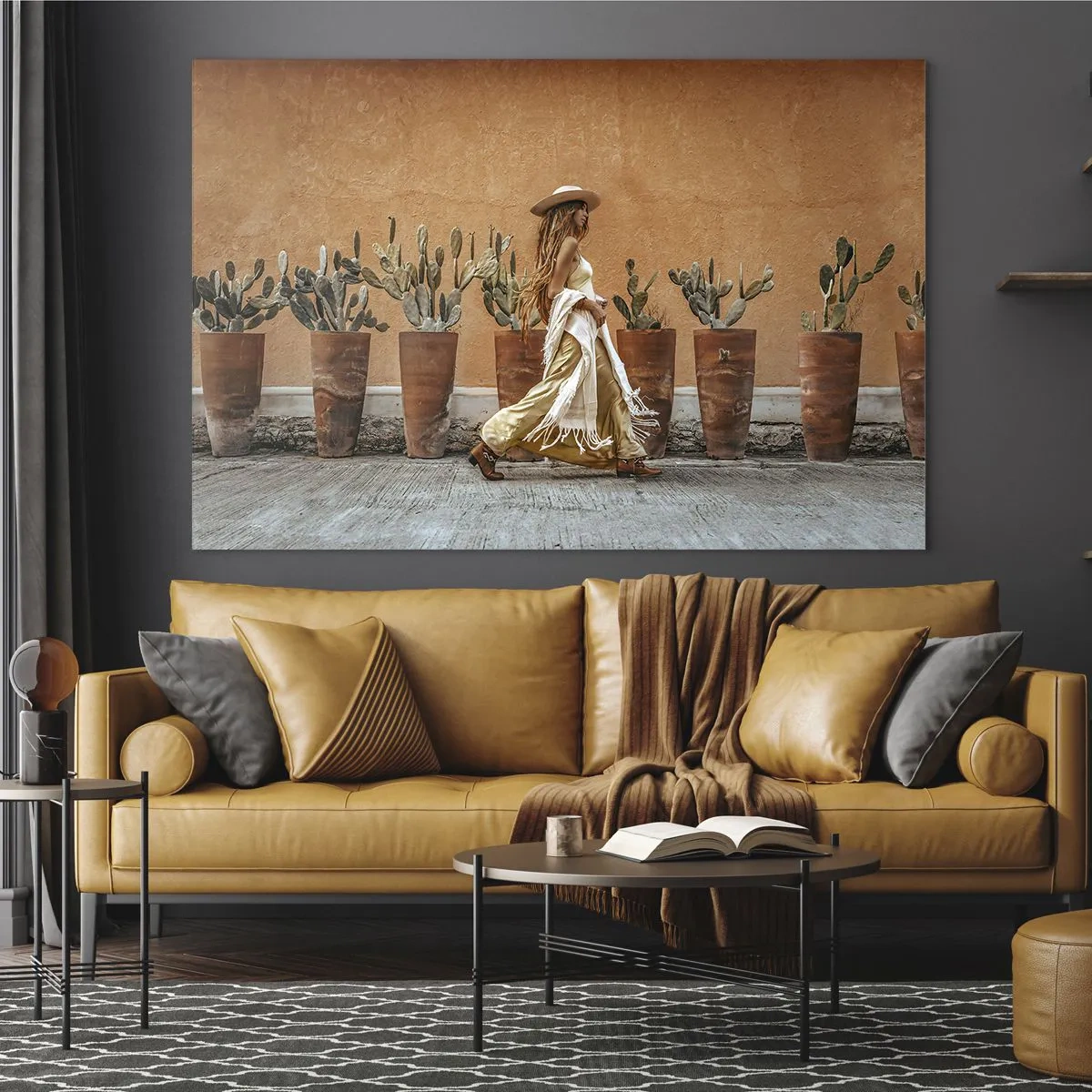 Glass picture - A boho-style woman walking by pots of cacti. - 70x50cm - Hippie Style - Modern wall decoration for the living room and bedroom ARTTOR