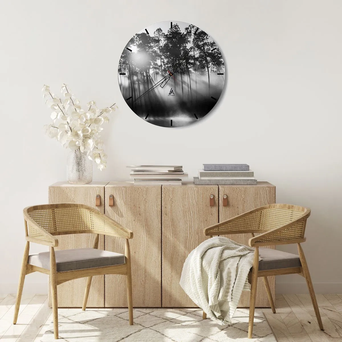 Wall clock - Clock on glass - A black and white photograph of a forest shrouded in fog at sunrise. - 30x30cm - Unstoppable Sun - Modern wall decoration for the living room, kitchen, and bedroom ARTTOR