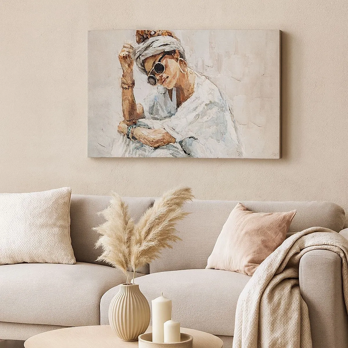 Canvas picture - Portrait of a woman wearing sunglasses against a light wall - 70x50cm - Portrait in Full Sun - Modern wall decoration for the living room and bedroom ARTTOR