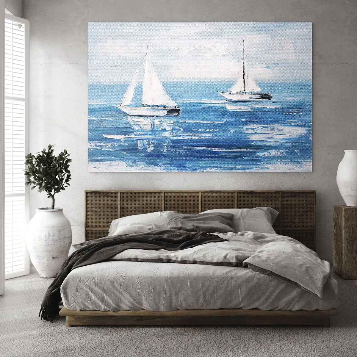 Glass picture - Two white sailboats on a calm blue sea - 70x50cm - With a Friend by the Side - Modern wall decoration for the living room and bedroom ARTTOR