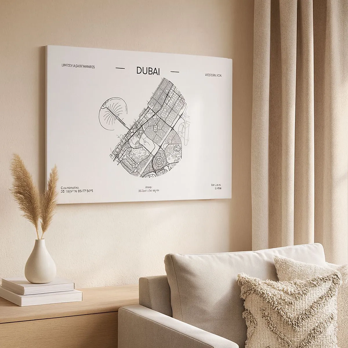 Canvas picture - A minimalist black and white map of Dubai with location markings. - 70x50cm - Anatomy of Dubai - Modern wall decoration for the living room and bedroom ARTTOR