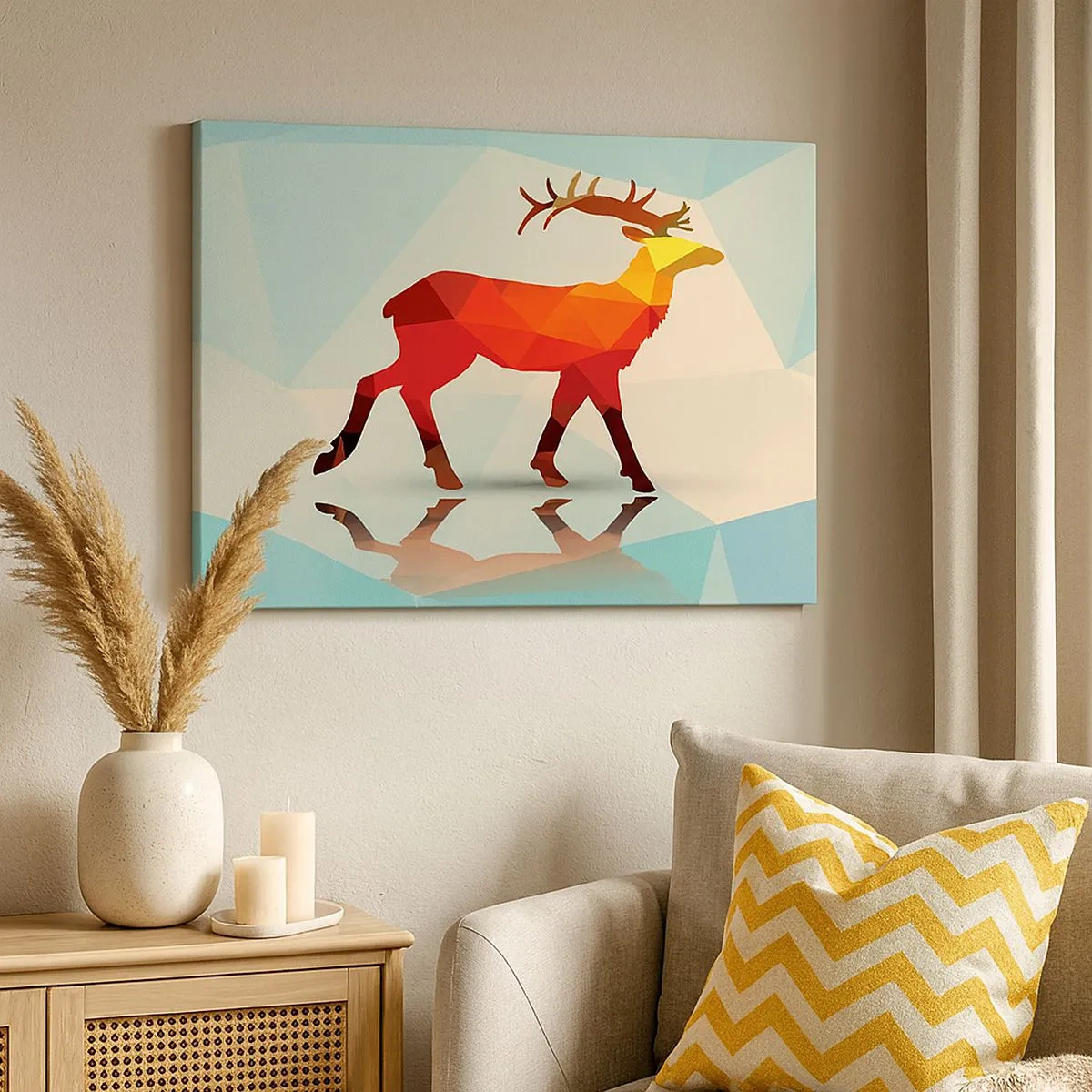 Canvas picture - Geometric silhouette of a deer in shades of red and orange - 70x50cm - Geometrical Deer - Modern wall decoration for the living room and bedroom ARTTOR