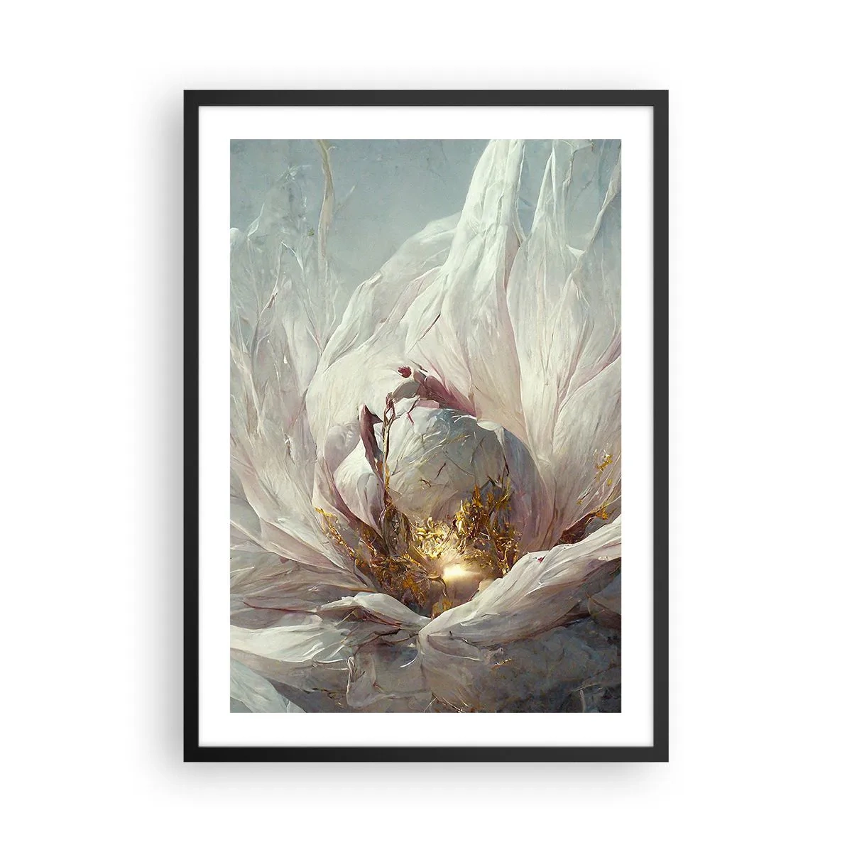 Poster in black frame - A subtle abstraction with a flower motif in delicate shades of white and gold. - 50x70cm - It Blooms Once Every Hunderd Years - Modern wall decoration for the living room and bedroom ARTTOR