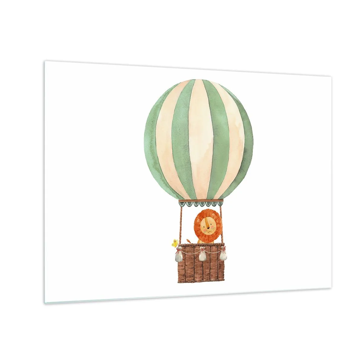 Glass picture - A lion in a balloon basket floating on a white background - 70x50cm - Leon's Adventures - Modern wall decoration for the living room and bedroom ARTTOR