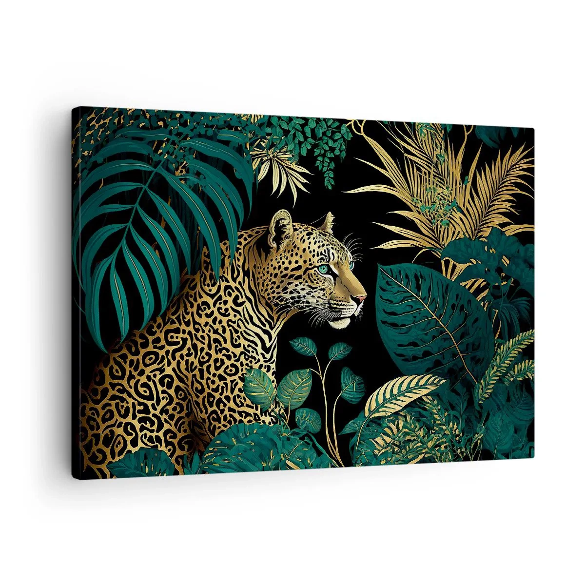 Canvas picture - Leopard in tropical leaves on a black background - 70x50cm - Host in the Jungle - Modern wall decoration for the living room and bedroom ARTTOR