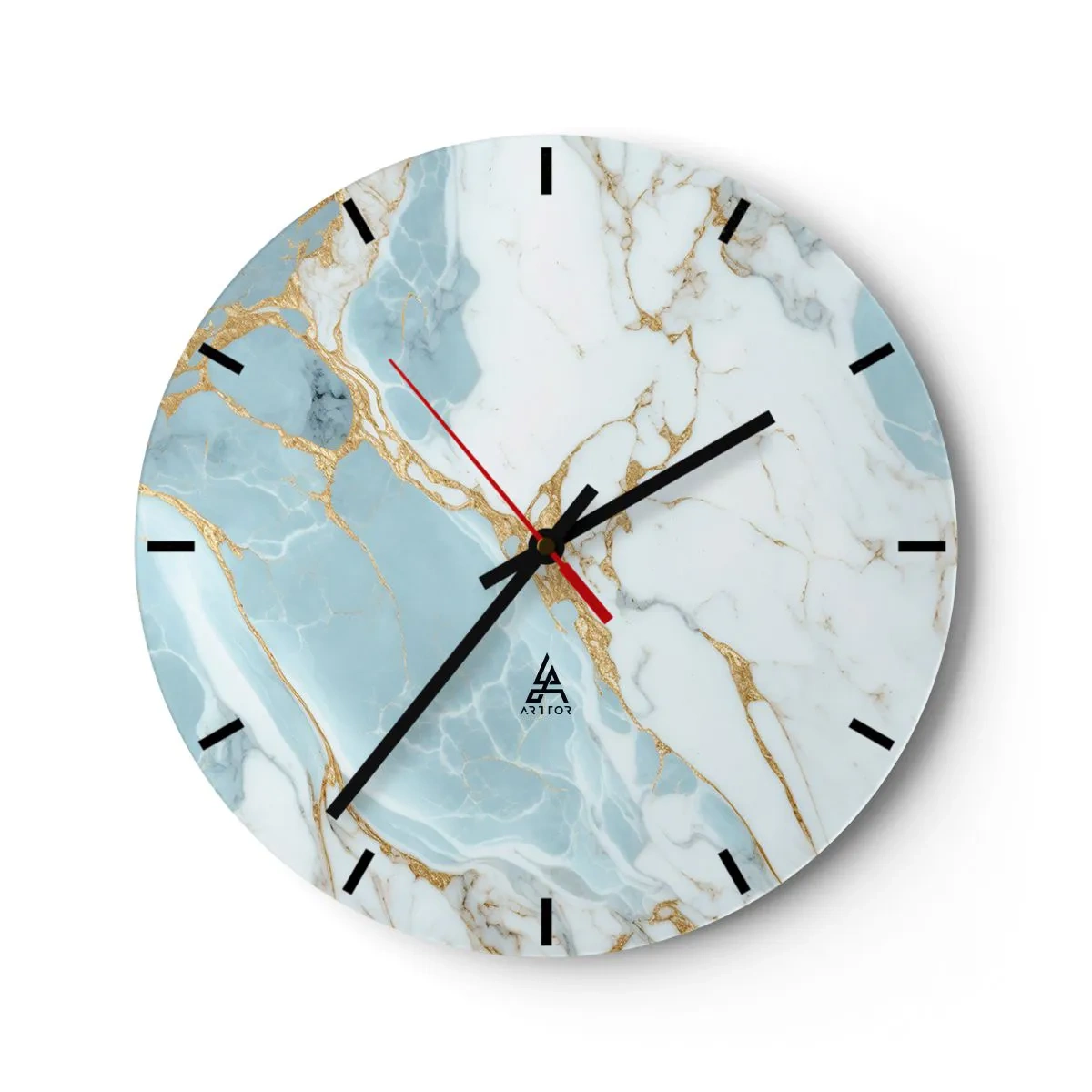 Wall clock - Clock on glass - Blue and white marble with gold veins throughout - 30x30cm - Richness of the Stone - Modern wall decoration for the living room, kitchen, and bedroom ARTTOR