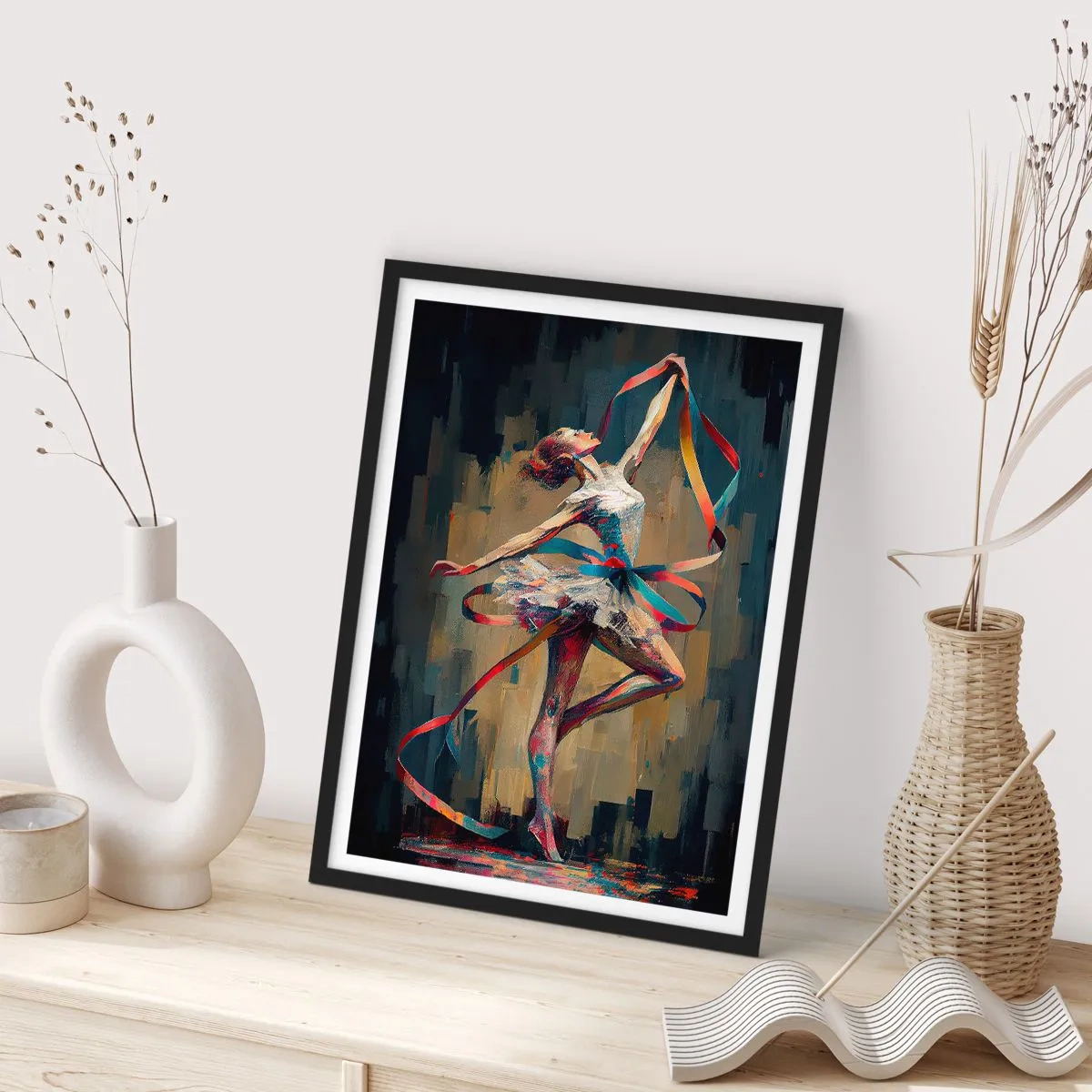 Poster in black frame - A dancer in a dynamic pose with colorful ribbons. - 50x70cm - Dance with a Ribbon - Modern wall decoration for the living room and bedroom ARTTOR