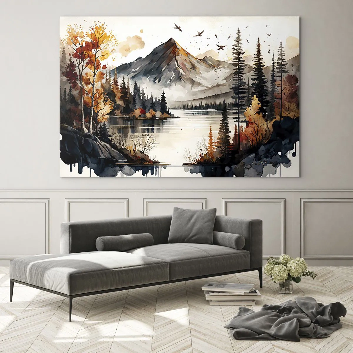 Glass picture - Autumn mountain landscape with a lake and forest - 70x50cm - Golden Autumn in the Mountains - Modern wall decoration for the living room and bedroom ARTTOR