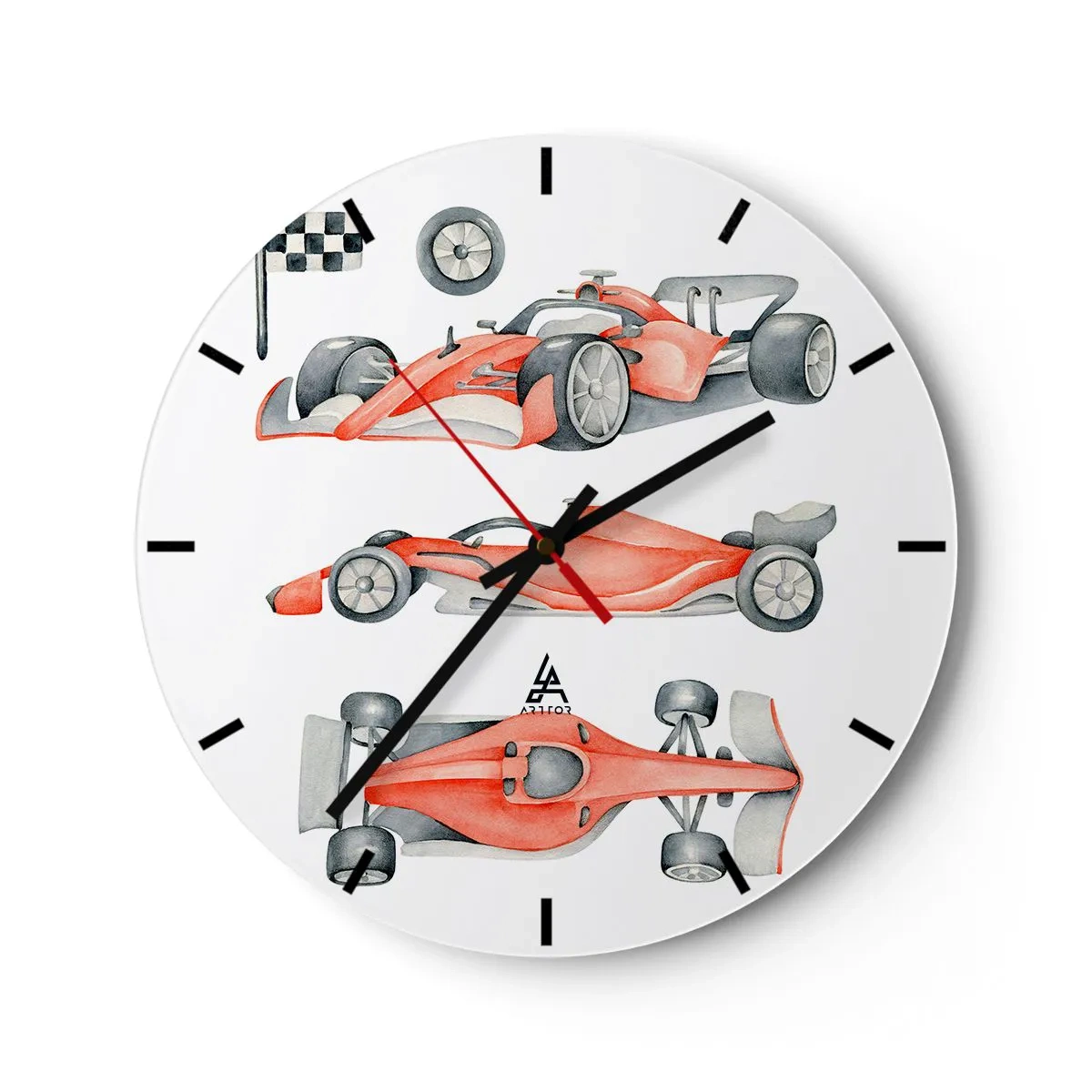 Wall clock - Clock on glass - Red racing cars and a checkered flag on a white background - 30x30cm - Race for the Dreams - Modern wall decoration for the living room, kitchen, and bedroom ARTTOR