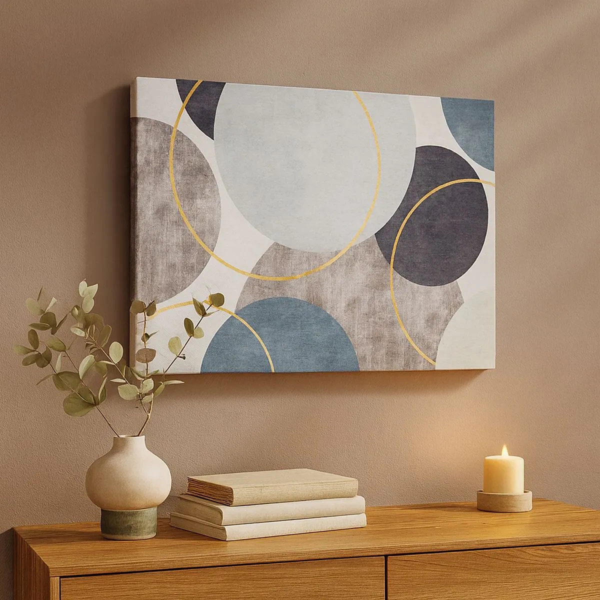 Canvas picture - Geometric circles in shades of gray, blue, and gold - 70x50cm - Wheel after Wheel - Modern wall decoration for the living room and bedroom ARTTOR
