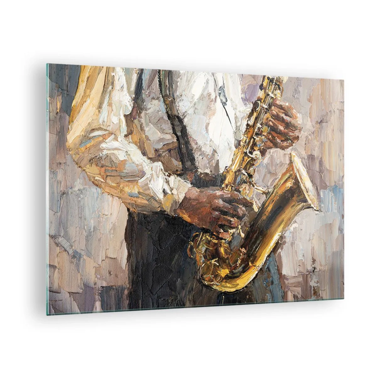 Glass picture - A musician playing the saxophone painted using the impasto technique - 70x50cm - Time for a Solo - Modern wall decoration for the living room and bedroom ARTTOR