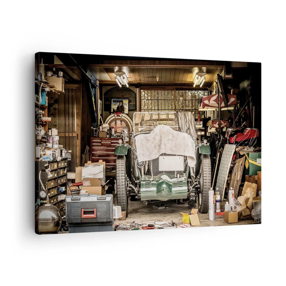 Canvas picture - An old car in a garage surrounded by tools and equipment - 70x50cm - Back to the Past - Modern wall decoration for the living room and bedroom ARTTOR