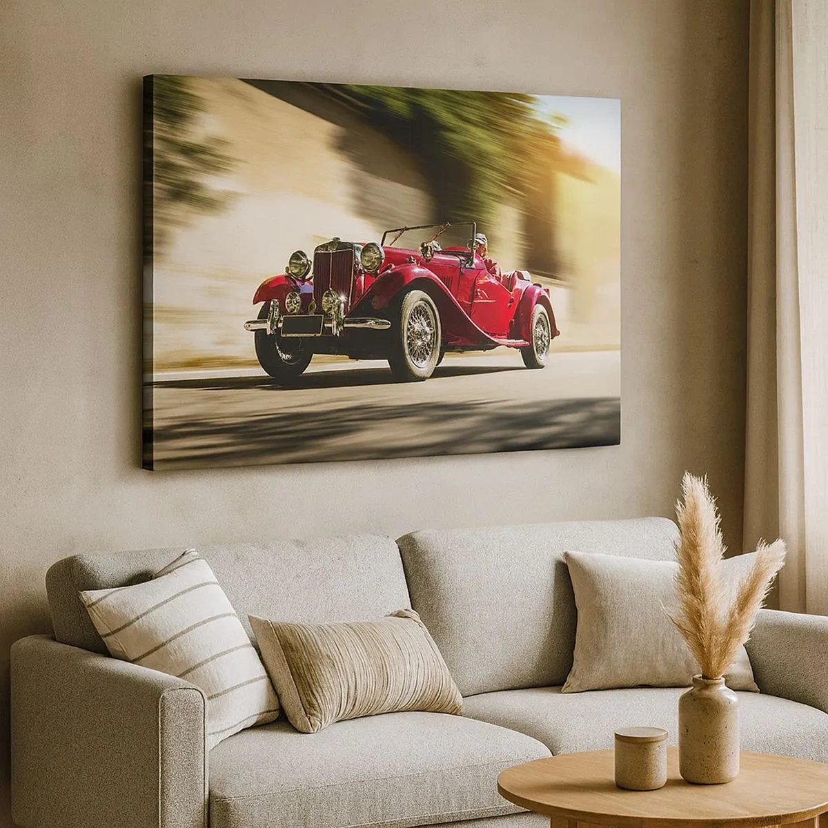 Canvas picture - Red classic car in motion on a sunny street - 70x50cm - More Beautiful than Nike of Samothrace - Modern wall decoration for the living room and bedroom ARTTOR