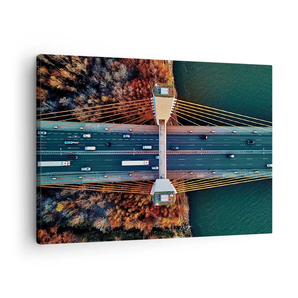 Canvas picture - Aerial view of the bridge over the river and the autumn landscape - 70x50cm - Behind Seas and Oceans - Modern wall decoration for the living room and bedroom ARTTOR