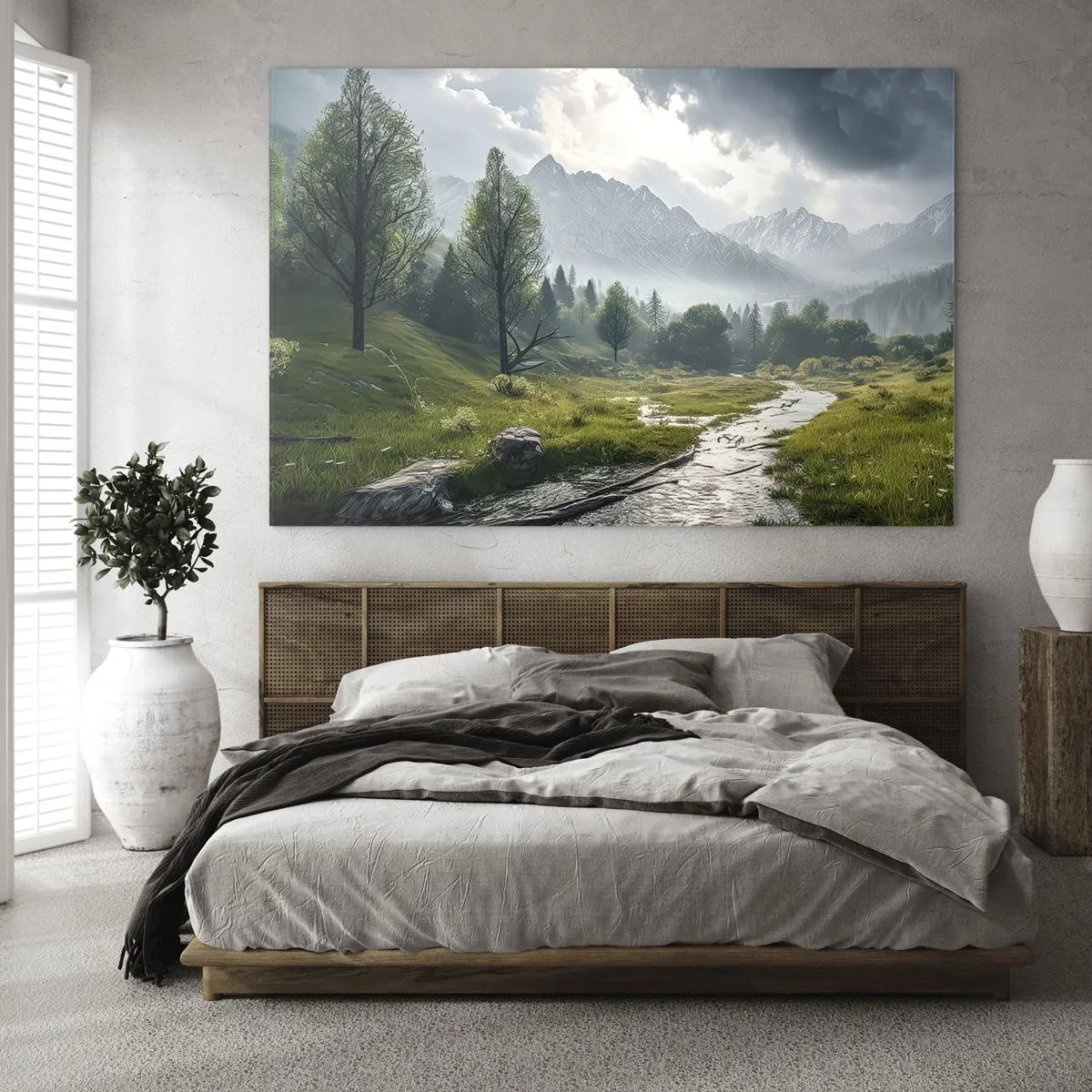 Glass picture - A mountain landscape with a stream and a green valley in the morning - 70x50cm - There And Back - Modern wall decoration for the living room and bedroom ARTTOR