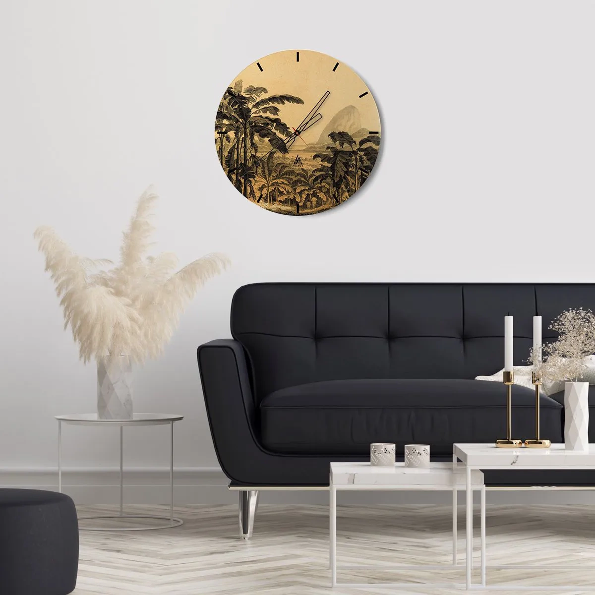 Wall clock - Clock on glass - Bananas and a retro tropical landscape - 30x30cm - In Colonial Character - Modern wall decoration for the living room, kitchen, and bedroom ARTTOR