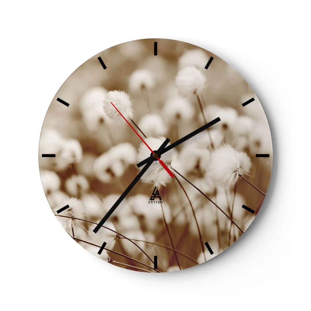 Wall clock - Clock on glass - Fluffy white plants against a misty sepia meadow - 30x30cm - Fluffy field - Modern wall decoration for the living room, kitchen, and bedroom ARTTOR