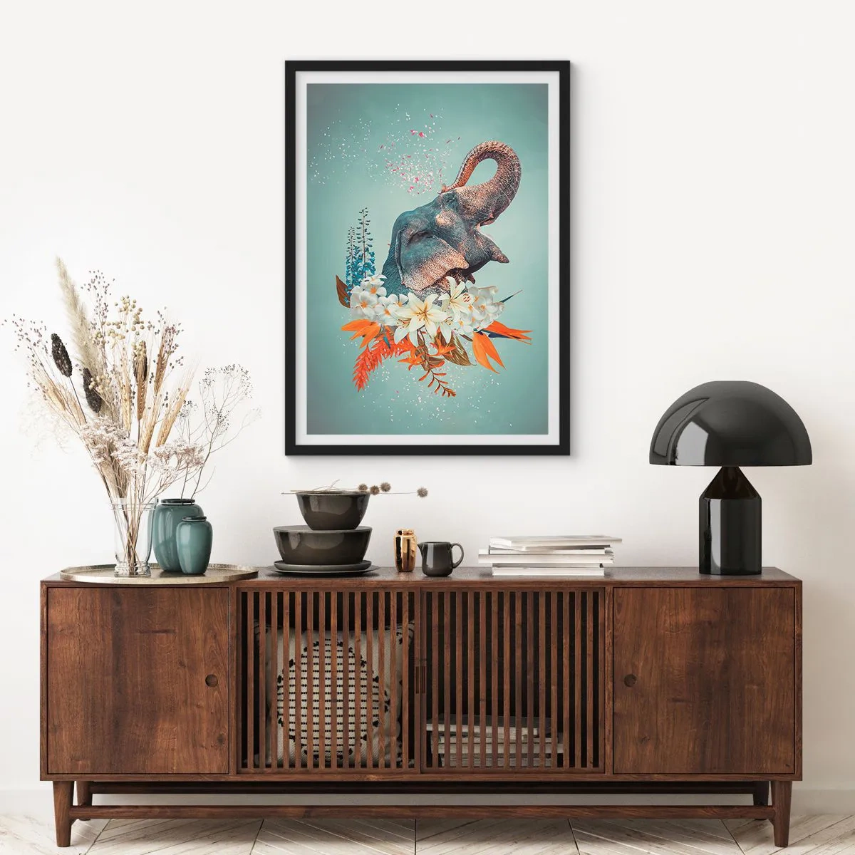 Poster in black frame - An elephant among flowers in a surreal composition - 50x70cm - Roar of Joy - Modern wall decoration for the living room and bedroom ARTTOR