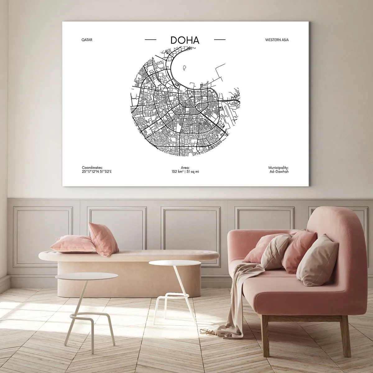 Glass picture - A graphic map of Doha in a black and white minimalist style. - 70x50cm - Anatomy of Doha - Modern wall decoration for the living room and bedroom ARTTOR
