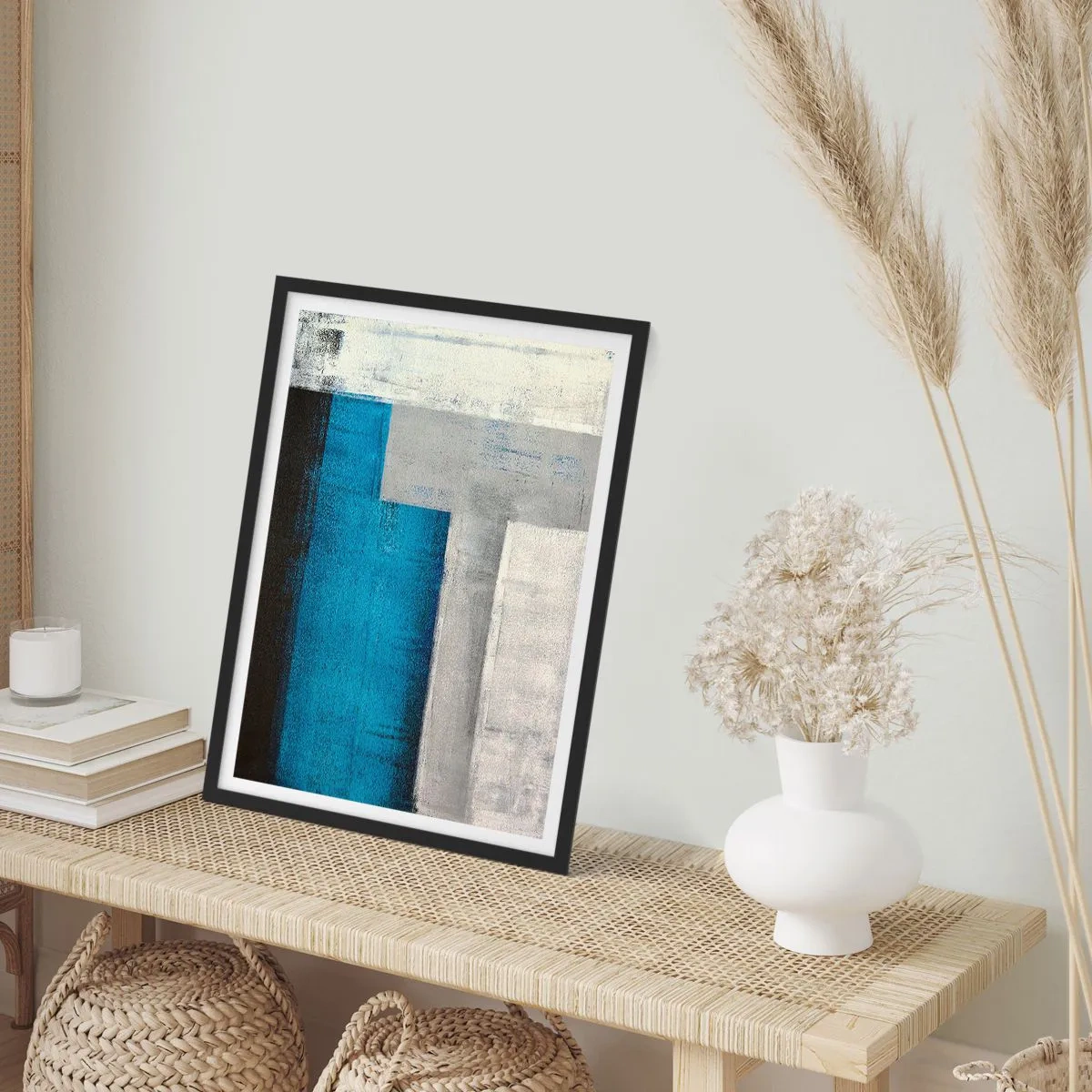 Poster in black frame - Geometric abstraction in shades of blue and gray - 50x70cm - Poetic Composition of Blue and Grey - Modern wall decoration for the living room and bedroom ARTTOR