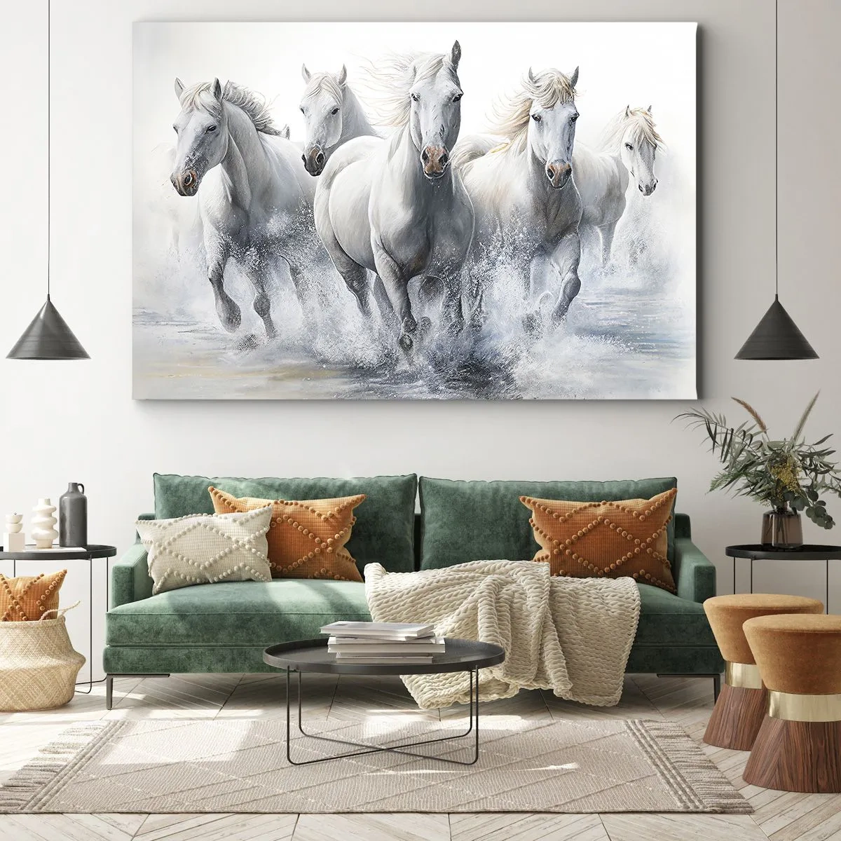 Canvas picture - White horses galloping through the water - 70x50cm - White Magic - Modern wall decoration for the living room and bedroom ARTTOR