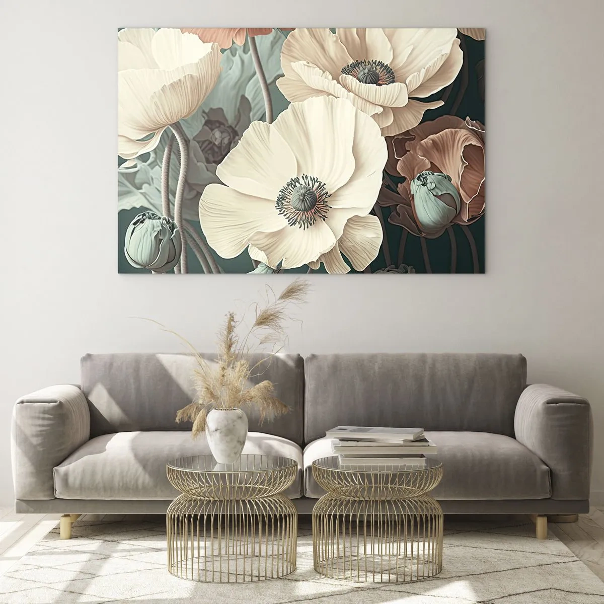 Glass picture - Delicate cream and salmon poppies on a dark background - 70x50cm - Whisper of the Poppies - Modern wall decoration for the living room and bedroom ARTTOR