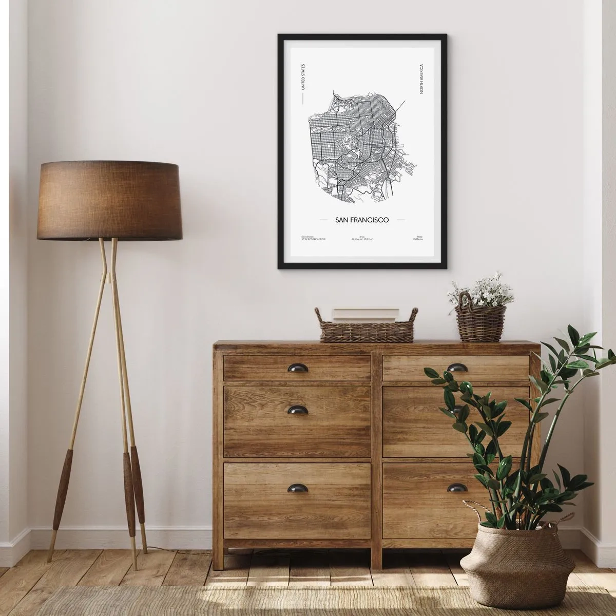 Poster in black frame - A minimalist map of San Francisco in black and white. - 50x70cm - Anatomy of San Francisco - Modern wall decoration for the living room and bedroom ARTTOR