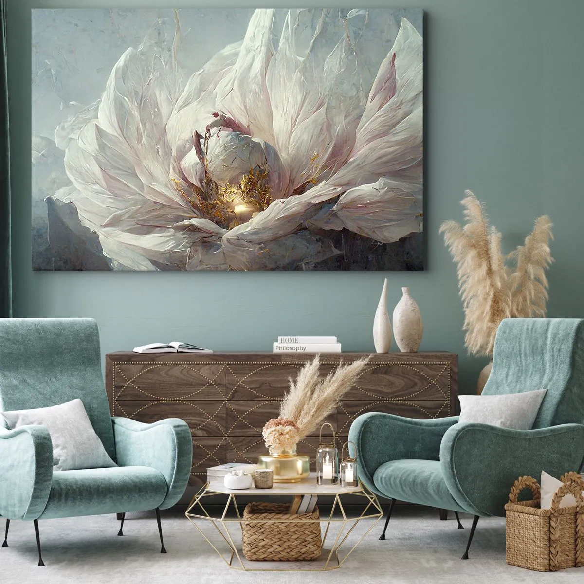 Canvas picture - A delicate white flower with subtle gold accents - 70x50cm - It Blooms Once Every Hunderd Years - Modern wall decoration for the living room and bedroom ARTTOR
