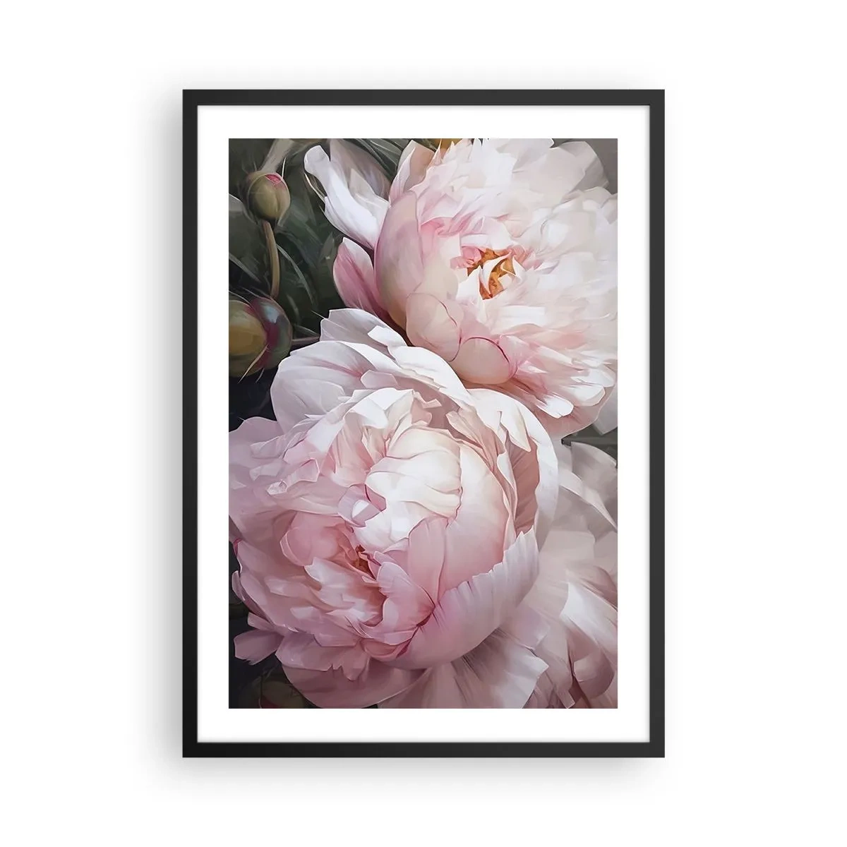 Poster in black frame - Delicate peonies in pastel shades of pink and white - 50x70cm - Captured in Full Bloom - Modern wall decoration for the living room and bedroom ARTTOR