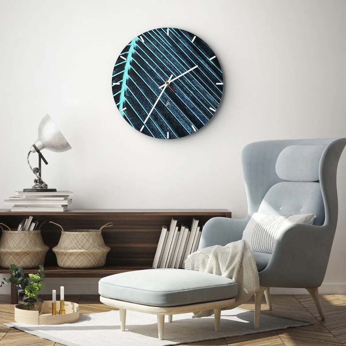 Wall clock - Clock on glass - A close-up of a palm leaf in shades of green and turquoise. - 30x30cm - Texture of Green - Modern wall decoration for the living room, kitchen, and bedroom ARTTOR