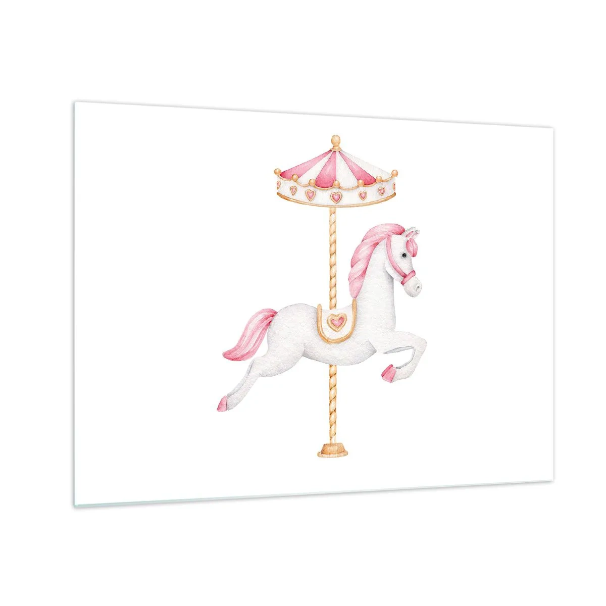 Glass picture - Pink and white carousel horse on a white background - 70x50cm - Off the Hoofs - Modern wall decoration for the living room and bedroom ARTTOR
