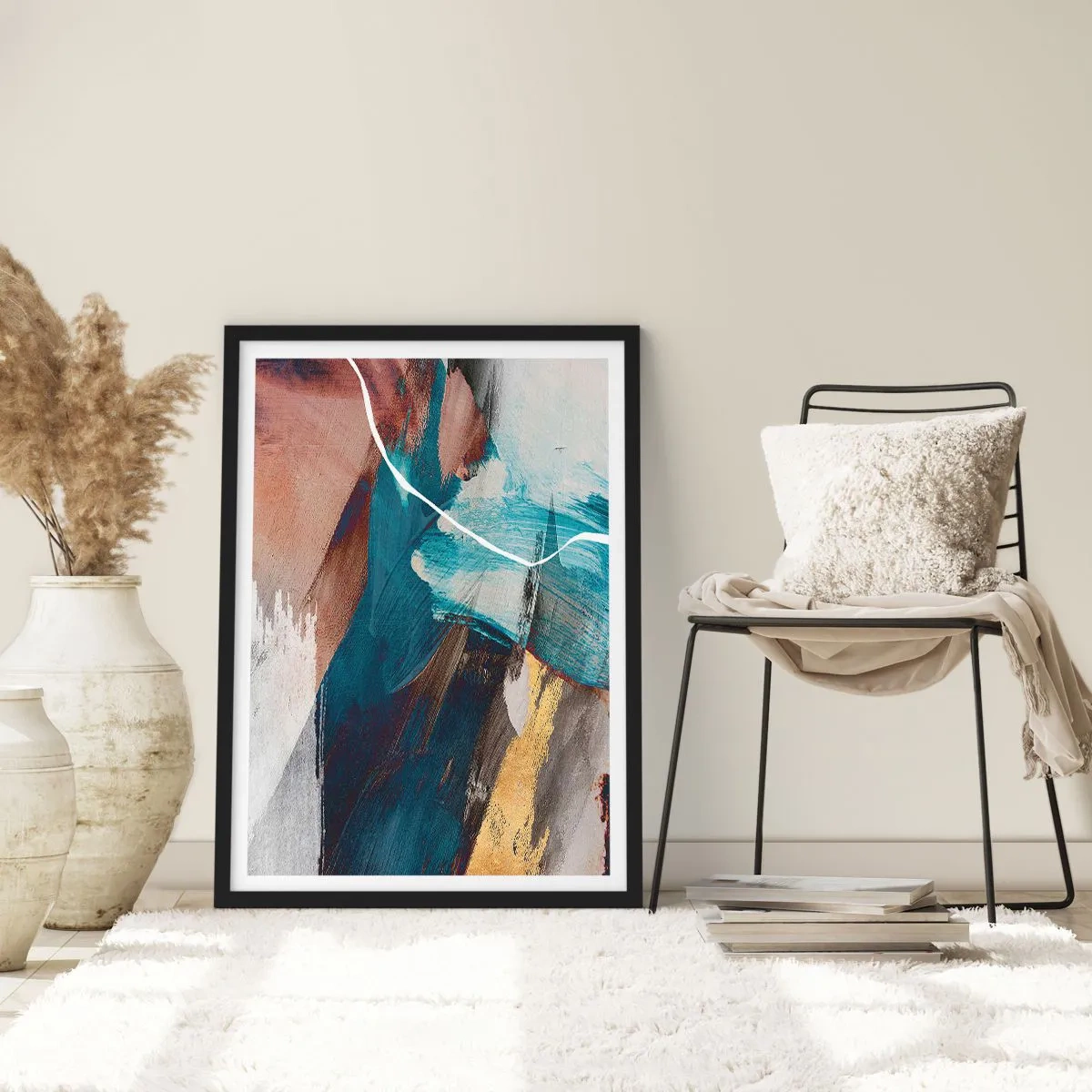 Poster in black frame - Expressive abstraction in shades of blue and gold - 50x70cm - With Panache and Energy - Modern wall decoration for the living room and bedroom ARTTOR