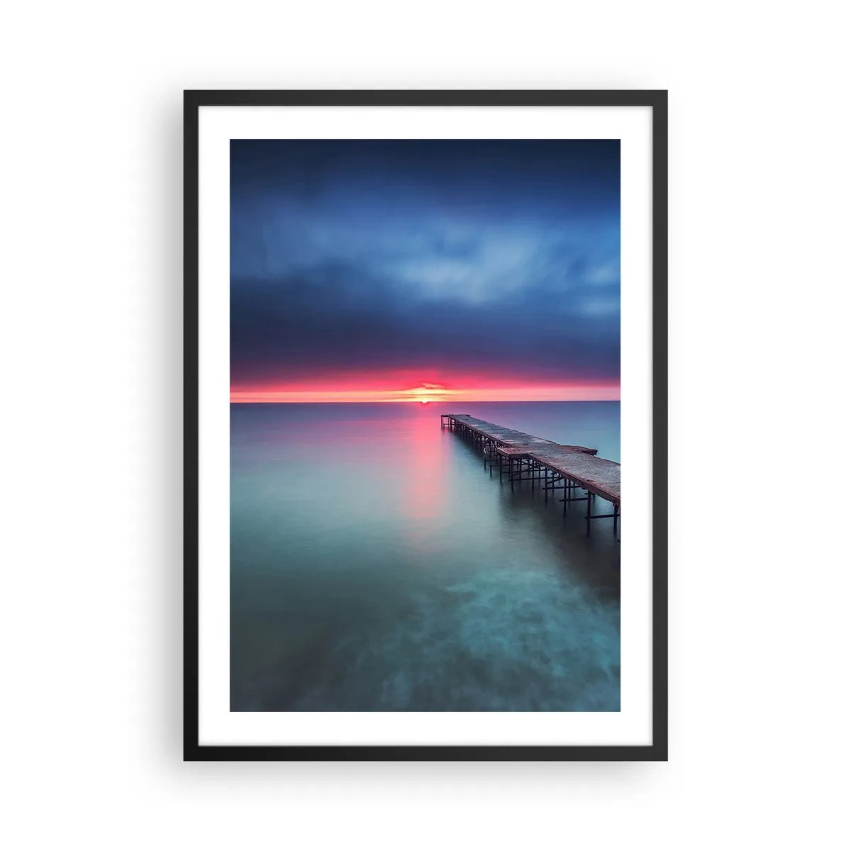 Poster in black frame - jetty extending into a calm sea at sunset - 50x70cm - Between Heaven and Earth - Modern wall decoration for the living room and bedroom ARTTOR
