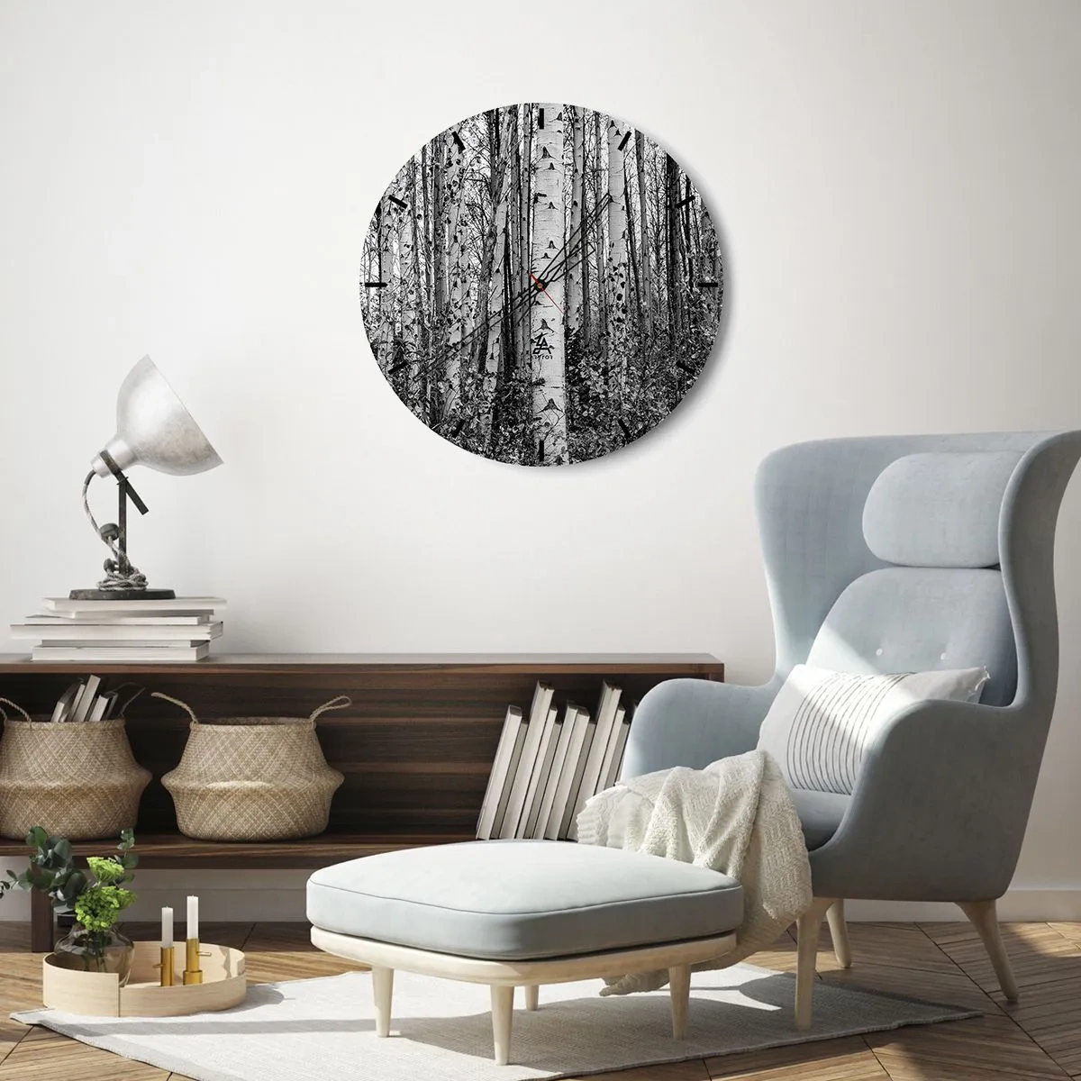 Wall clock - Clock on glass - Black and white birch forest in a minimalist style - 30x30cm - Birch Colonnade - Modern wall decoration for the living room, kitchen, and bedroom ARTTOR