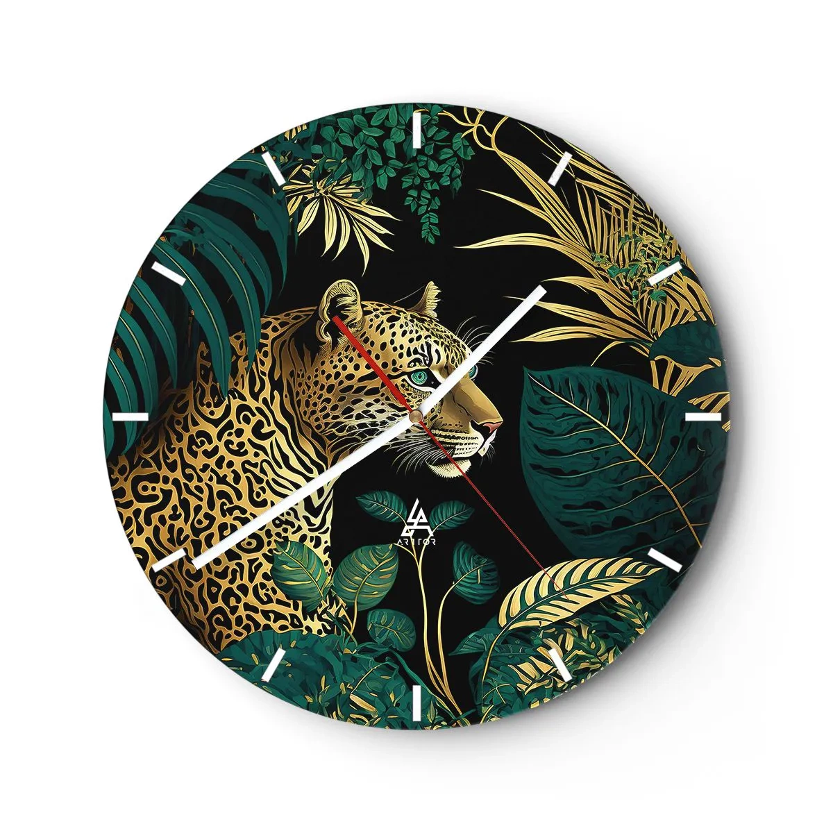 Wall clock - Clock on glass - Leopard among tropical leaves on a black background - 30x30cm - Host in the Jungle - Modern wall decoration for the living room, kitchen, and bedroom ARTTOR