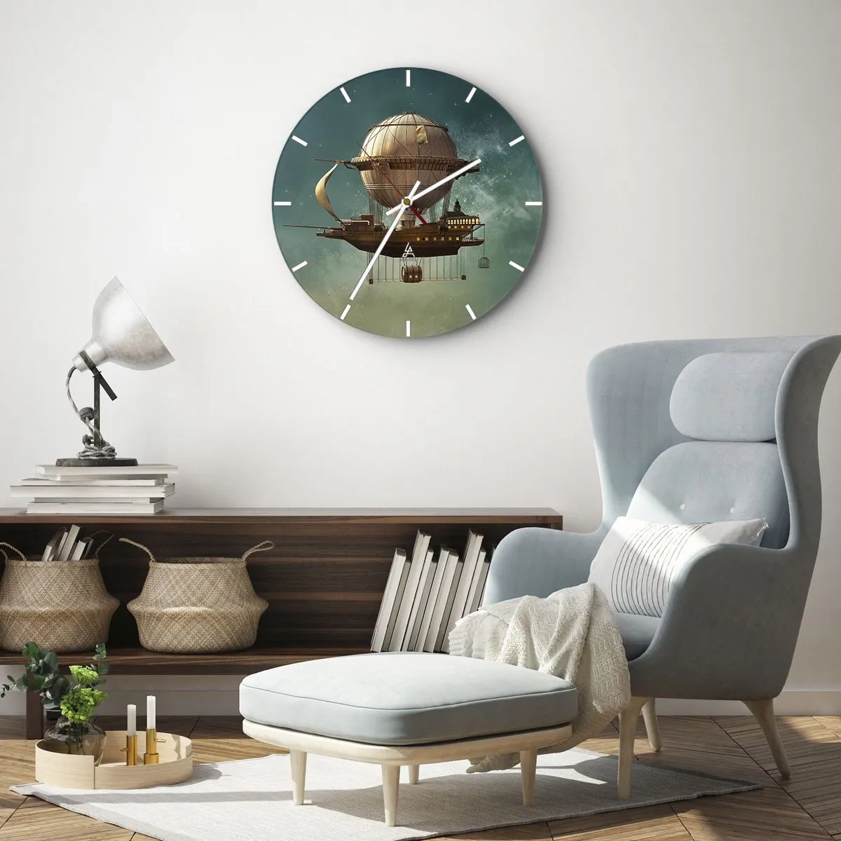 Wall clock - Clock on glass - A fantastic retro airship floating in the clouds - 30x30cm - Greetings from Jules Verne - Modern wall decoration for the living room, kitchen, and bedroom ARTTOR